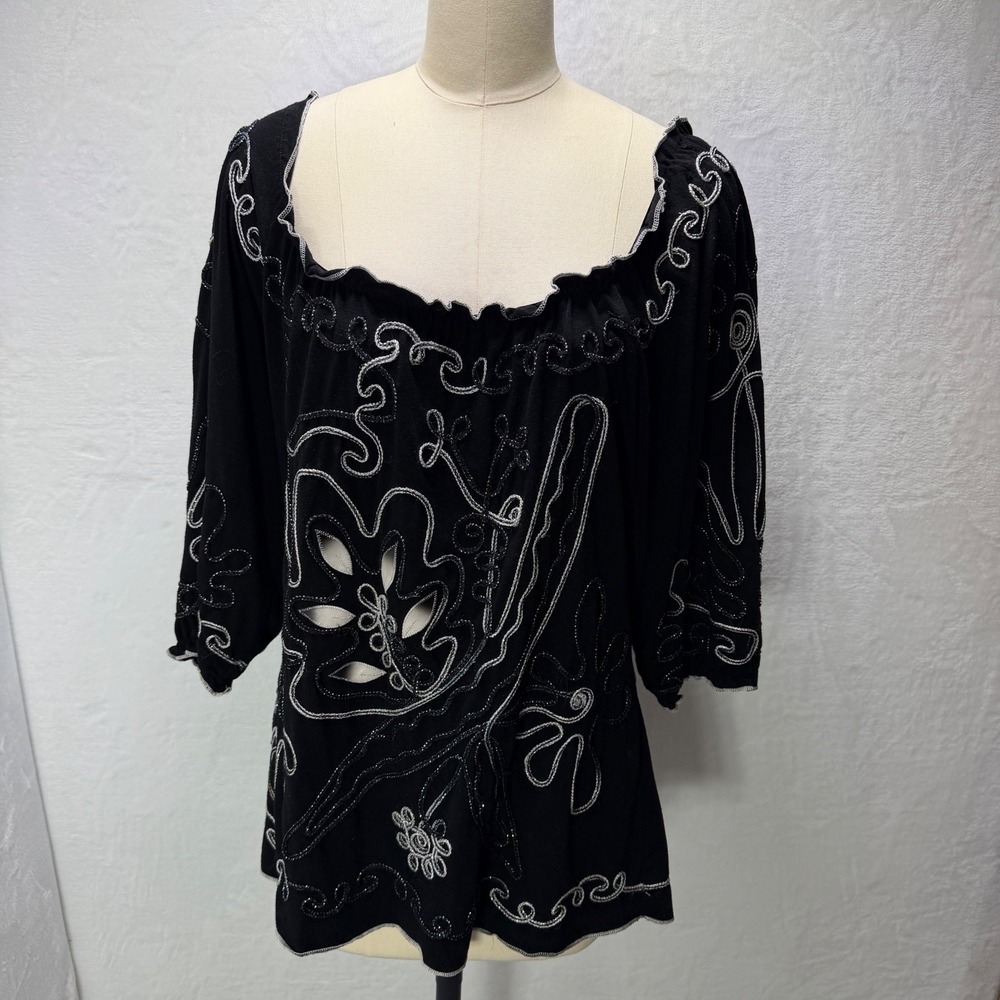 Once Again Womens XL Black Silver‎ Embroidery 3/4 Sleeve Boho Beaded Blouse Top